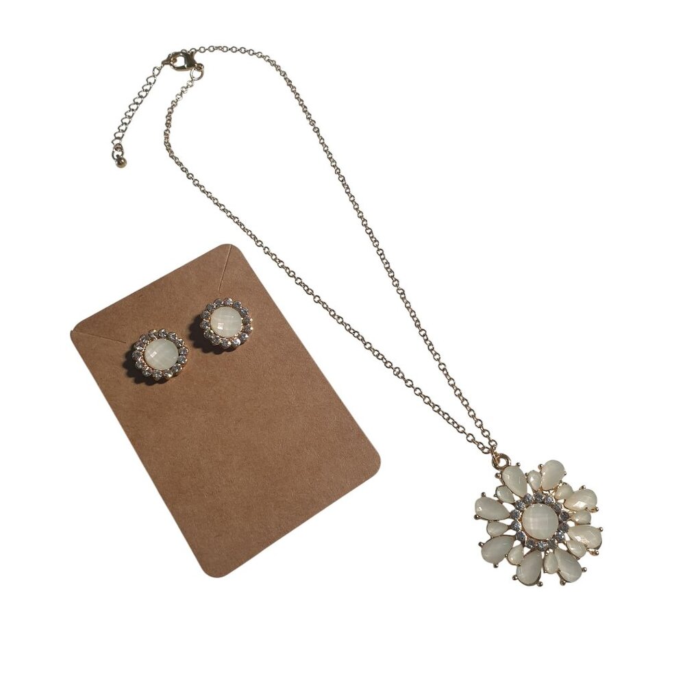 Gold Tone Chain Necklace Earrings Set Acrylic Rhinestone Floral Pendant Jewelry